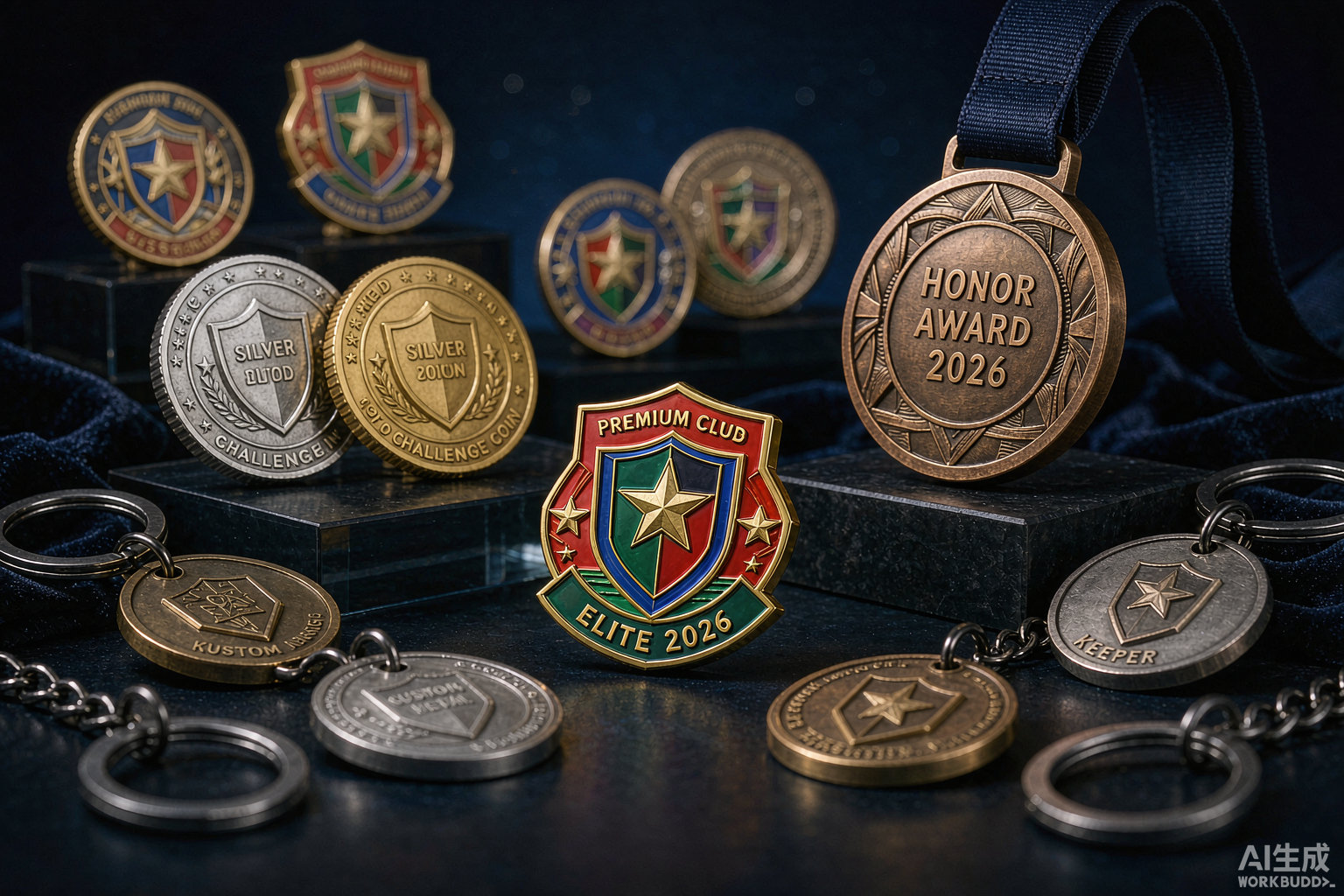 Collection of custom enamel pins, challenge coins and medals