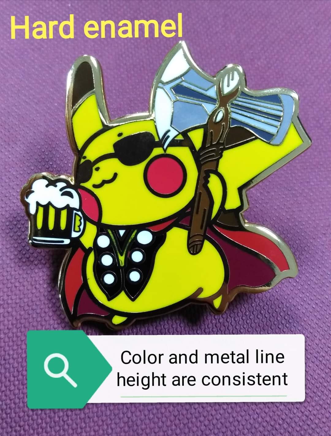 Hard enamel pin sample — color flush with metal lines